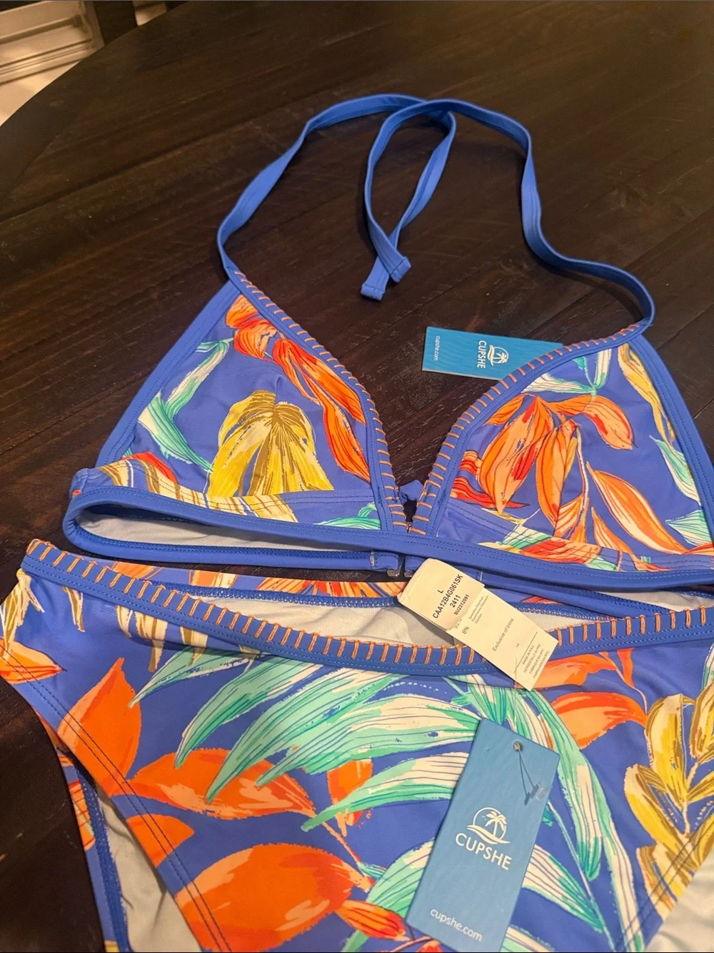 Cupshe Blue Tropical Leaf Print Piece Bikini NWT Top Size M Bottom Size L